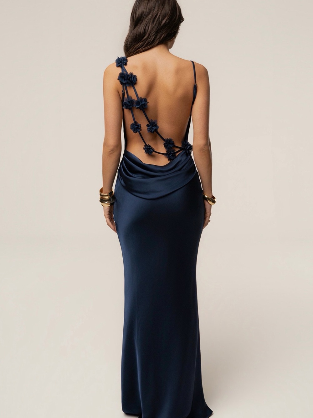 JLUXLABEL Navy Floral-Strap Backless Cowl Slip Gown